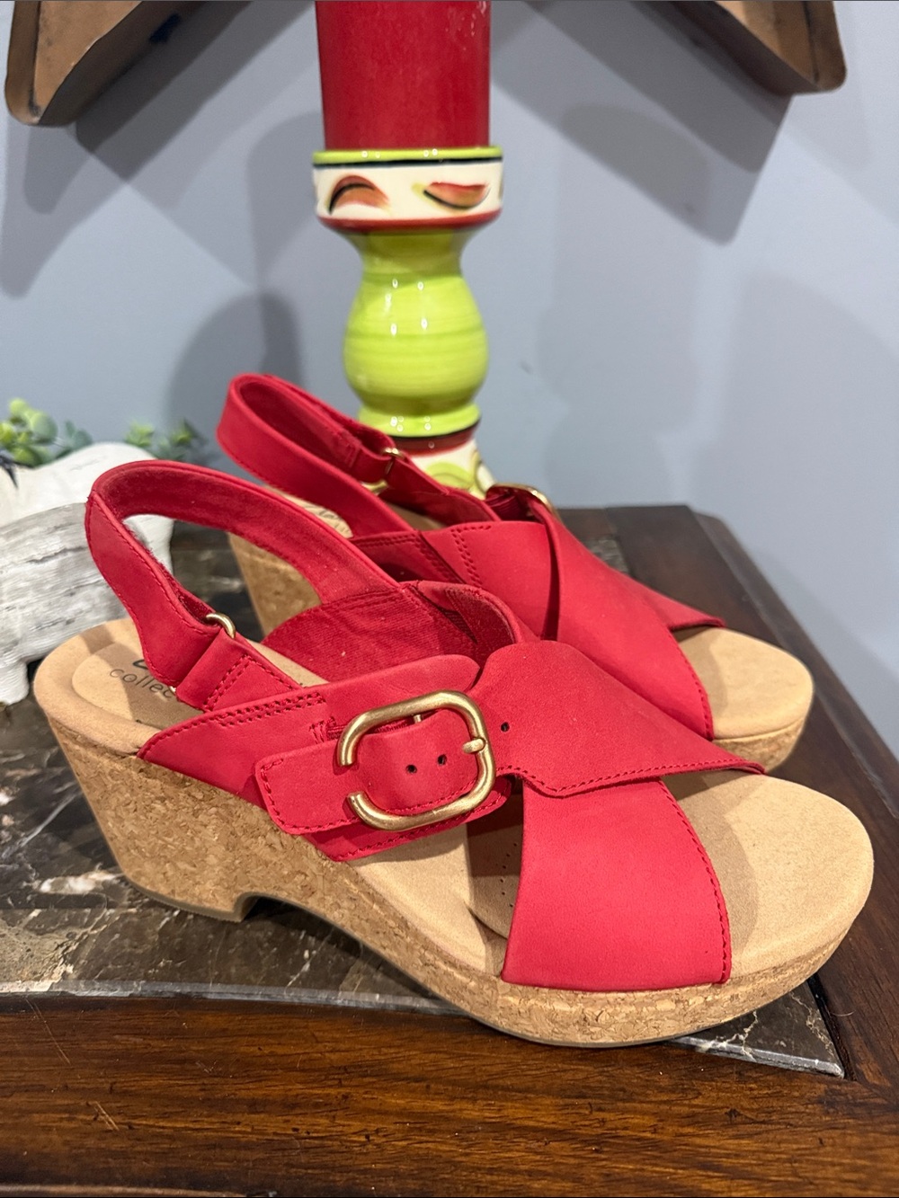 Clarks Red Cork Wedge Slingback Sandals